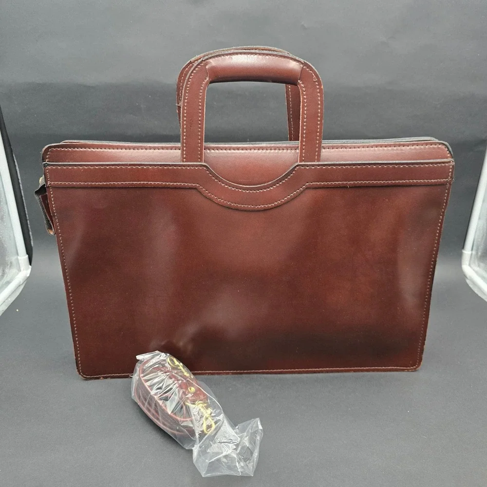 Vintage Brown Leather Briefcase Slim Laptop Bag Messenger with Shoulder Strap
